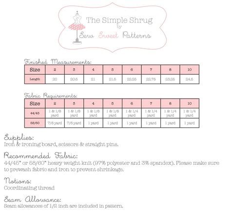 crochet shrug size chart.